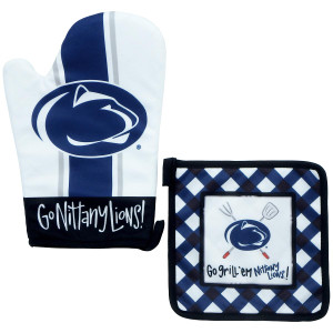oven mitt and pot holder set with Penn State Athletic Logos, Go Nittany Lions!, and Go Grill 'em Nittany Lions!